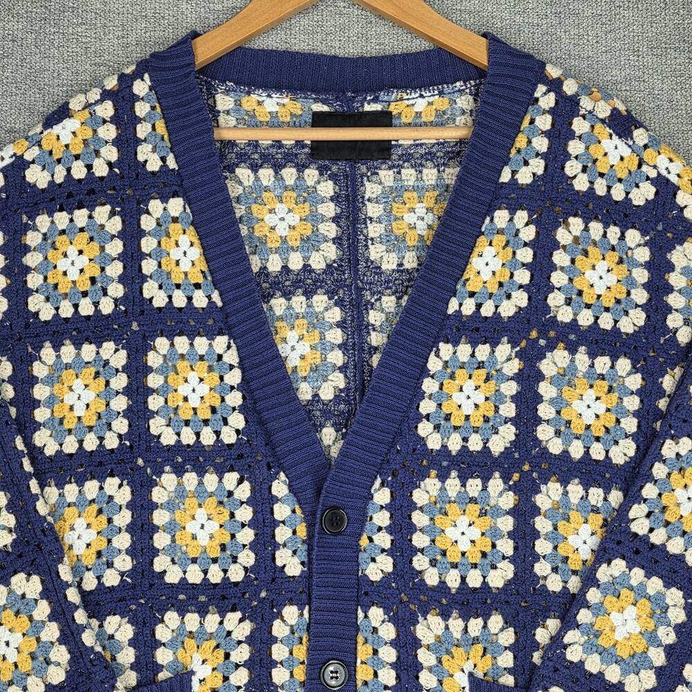 PACSUN ESTATE CROCHET CARDIGAN – MEN’S LARGE – BLUE/YELLOW/WHITE – 100% COTTON - Picture 4 of 11